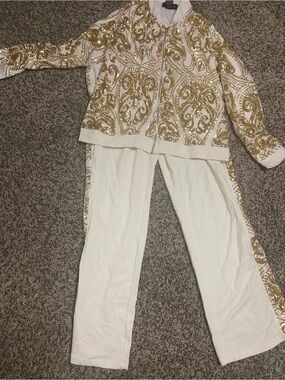 Midnight Velvet White Jacket with Gold Sequin Swirl Embellishment pants